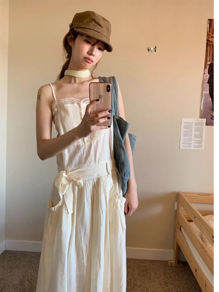 

Sweet Girl Summer Long Dress Chic Mesh Splice Cute Pocket Strapless Dress Women Korean Style City Commute Loose Fit Dress