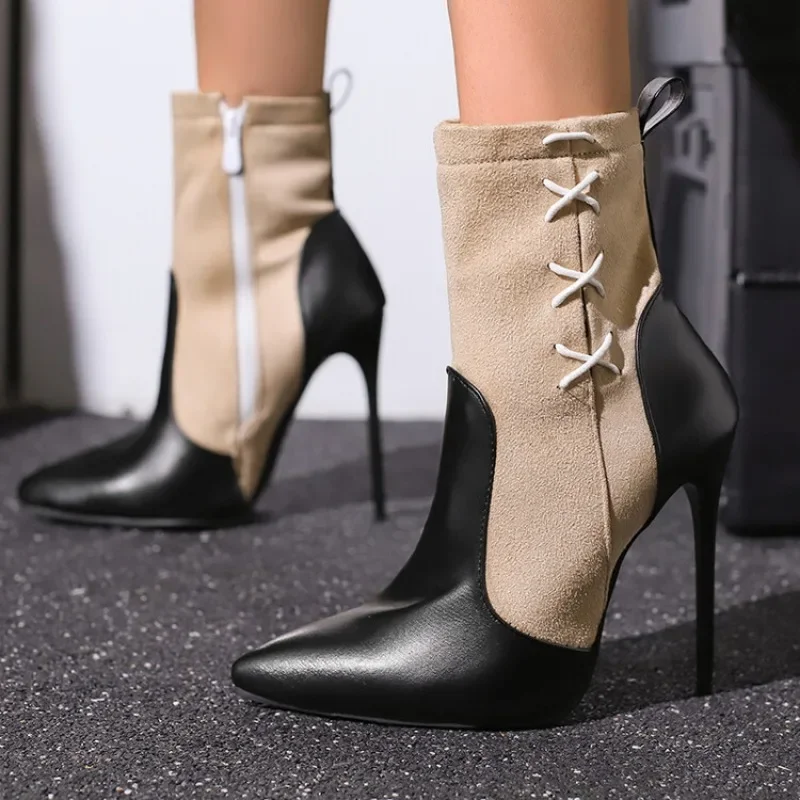 

12cm Sexy Fashion Multicolor Womens Pointed Toe Bow Ankle Boots Stilettos High Heel Sexy Shoes Plus Big Size New Winter Shoes