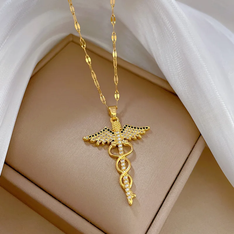 Stailess Steel CZ Angle Wings Necklace Snake Ouroboros Magic Wand Caduceus Asclepius Necklaces Emergency Medical Movies Jewelry
