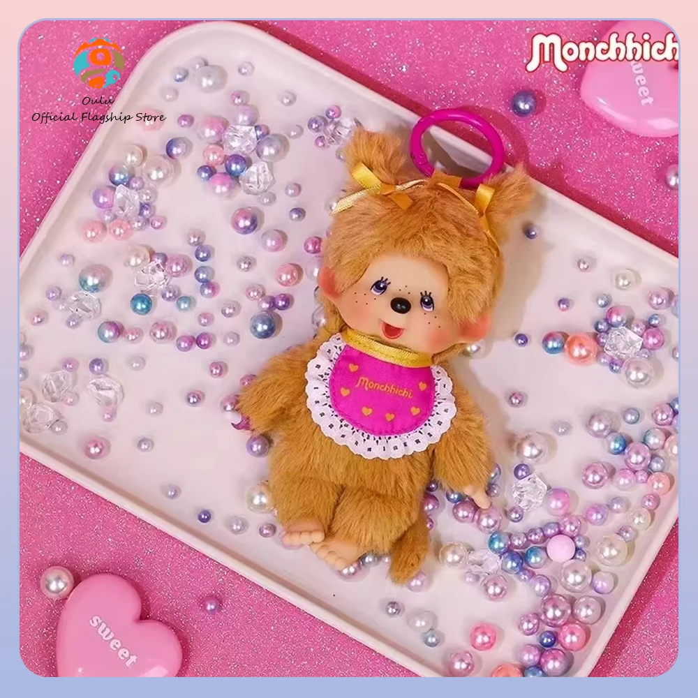 

New Genuine Monchhichi Plush Figure Golden Retriever Heart Shaped Bandana With Pigtails Stuffed Plush Doll Gift Toy Keychains