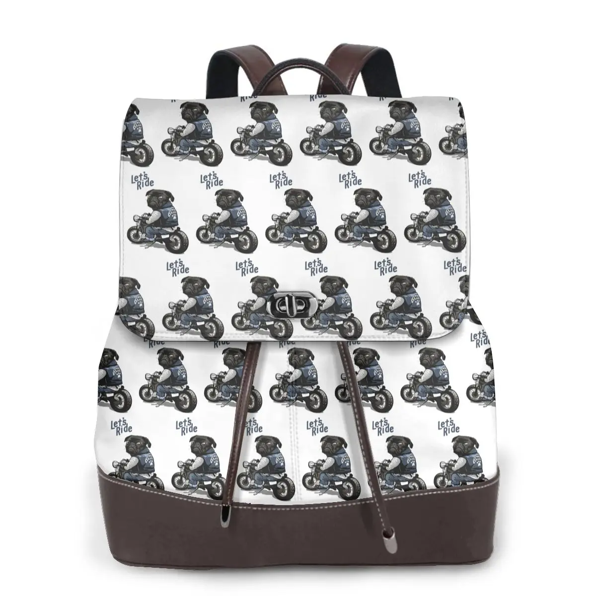 Let's Ride Motorcycle Big Bike Black Pug Dog Bookbag School Student Bags Hiking Travel Daypack for Women Fashion Derma Backpack