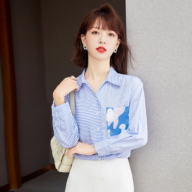 

Ladies Fashion Casual Asymmetry Stripe Shirts Blouse Women Tops Woman Button Up Shirt Female Girls Long Sleeve Blouse BPyC1759