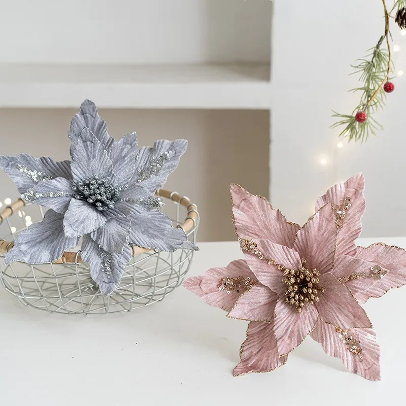 High Quality Artificial Christmas Flower 26cm Velvet Cloth With Glitter Powder Fake Large Flower Head Xmas New Year Home Decors