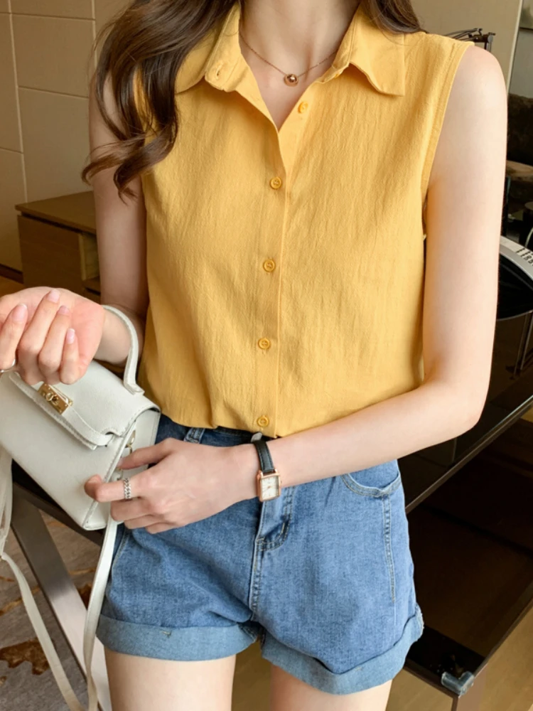 Summer Women Shirt Sleeveless Womens Tops and Blouses Elegant Yellow Blouses for Women Basic Womens Blouses OL Clothes for Women