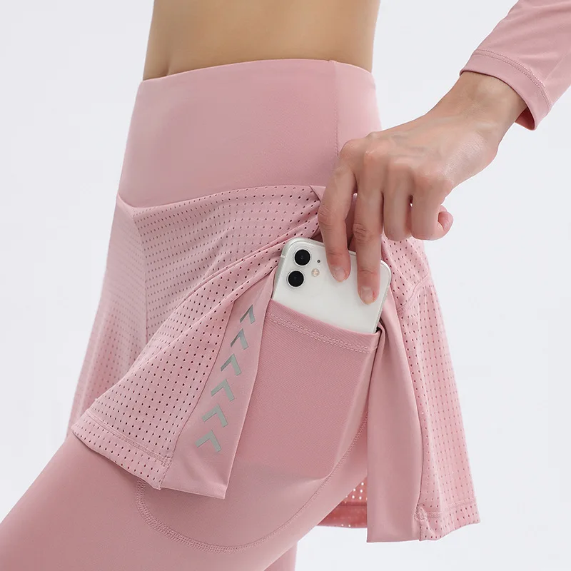 Women Sports Leggings Elastic High Waist Yoga Pants Fake Two Piece Running Trousers Quick Dry Elastic Gym Fitness Tights Female