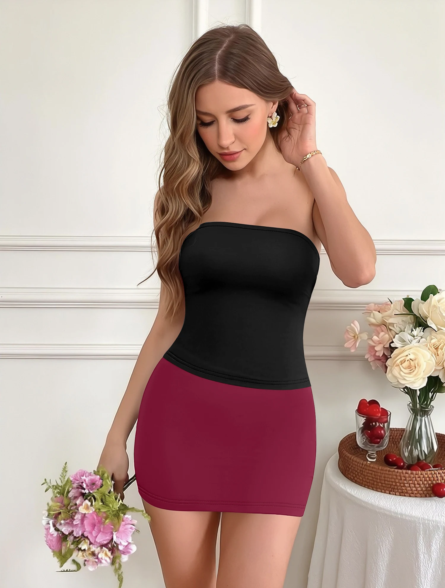Evening Matching Ensemble, Smooth Tube Top, Bodycon Pencil Mini Skirt, Summer Club Night Attire