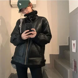 2024 Autumn Fashionable Cool Trendy Lamb Fur Coat for Women Winter Loose Stand Collar Motorcycle Suit Leather Jacket for Women