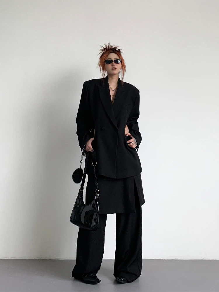 Tannt Women Pant Sets 2025 Spring Summer New Hollow Out Blazer Coat Fake Two Loose Casual Long Skirt Pants Two Pieces Sets