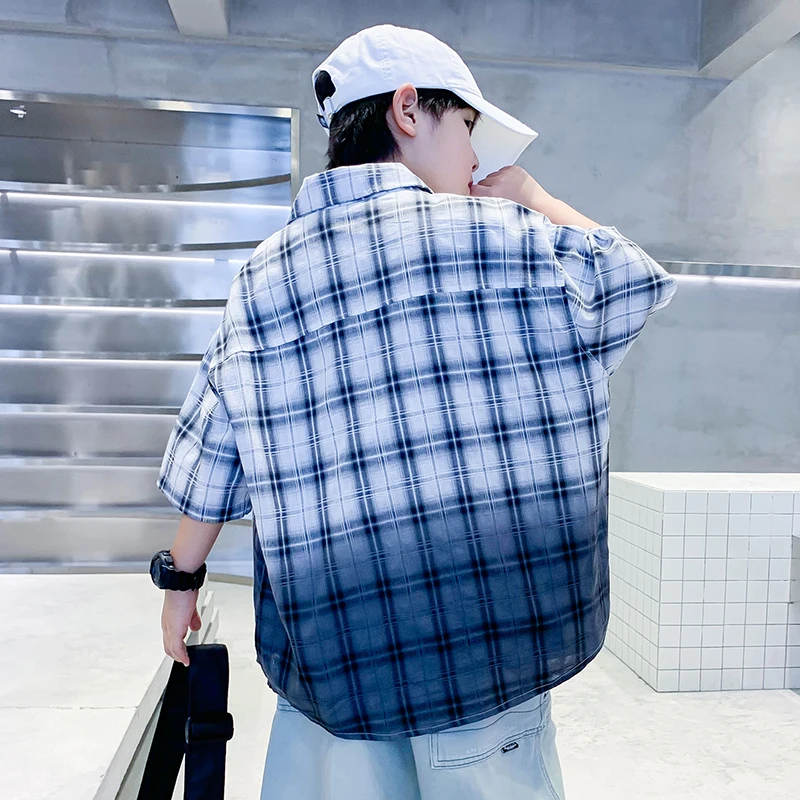 New Summer Gradient Children's Short Sleeve Plaid Shirt for Teenage Boy Luxury Clothing Kids Loose Casual Plaid Blouse Age 5-14Y