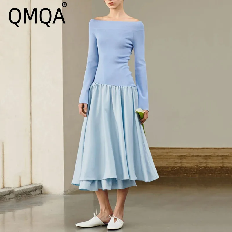 QMQA Fashion Women's Solid Slimming Minimalist Dresses Slash Neck Long Sleeve Spliced Knitted Elegant Dress Female New QM87