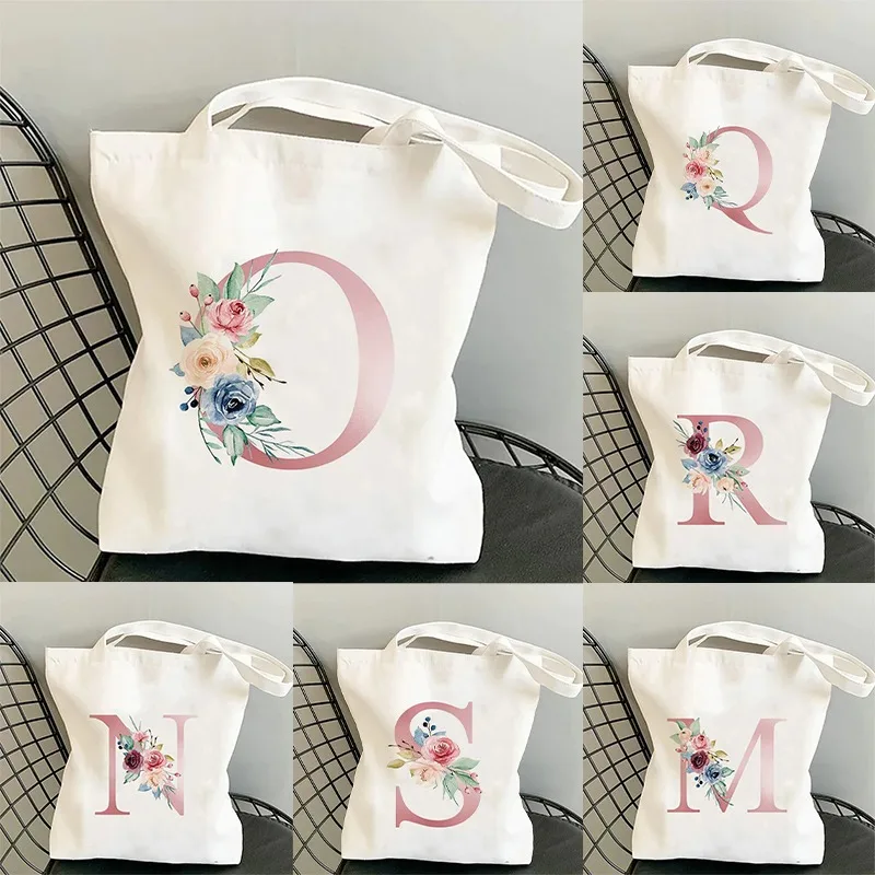 Flowers Alphabet A-Z Women Shopping Tote Bags Canvas Large Capacity Student Toiletries Organizers Casual Tote Letter Bags Gift