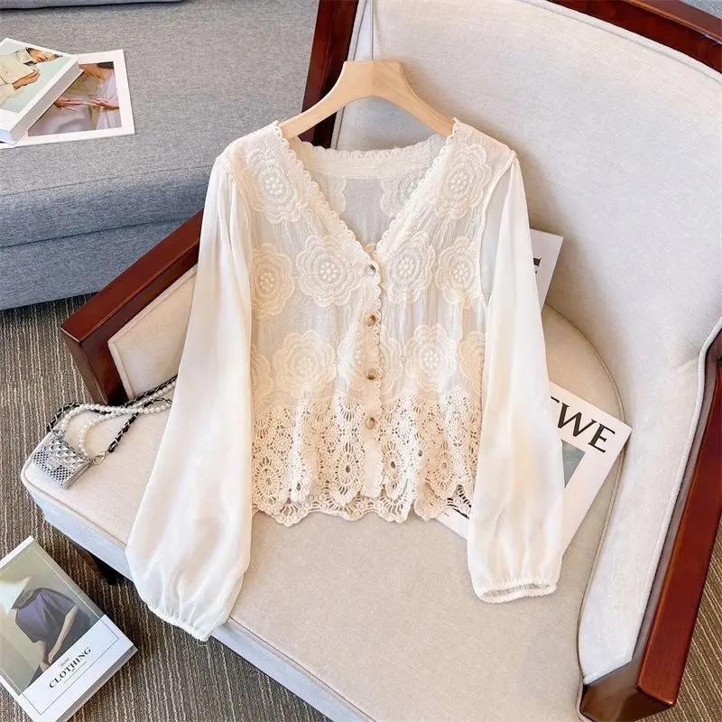 Women Korean Lace Flare Long Sleeve Blouse V-Neck Button Down Cropped Cardigan Hollow Crochet Floral Thin Shirts 2024 New N872