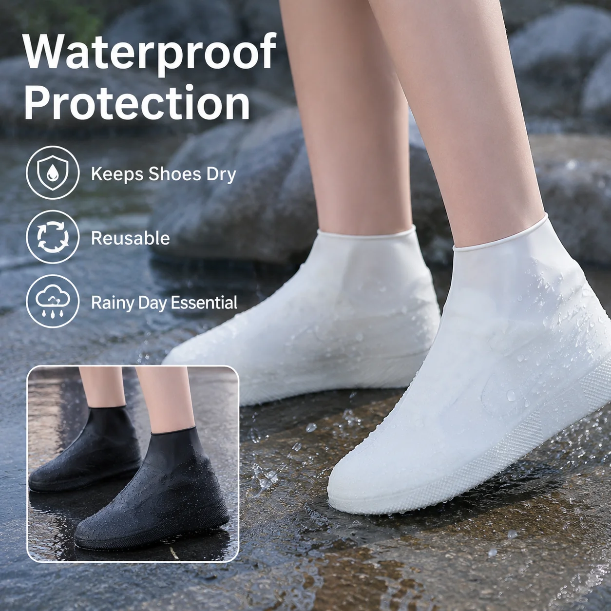 3-Pack Reusable Silicone Shoe Covers, Thickened Waterproof Rain Overshoes, Non-Slip Wear-Resistant Outdoor Footwear Protectors