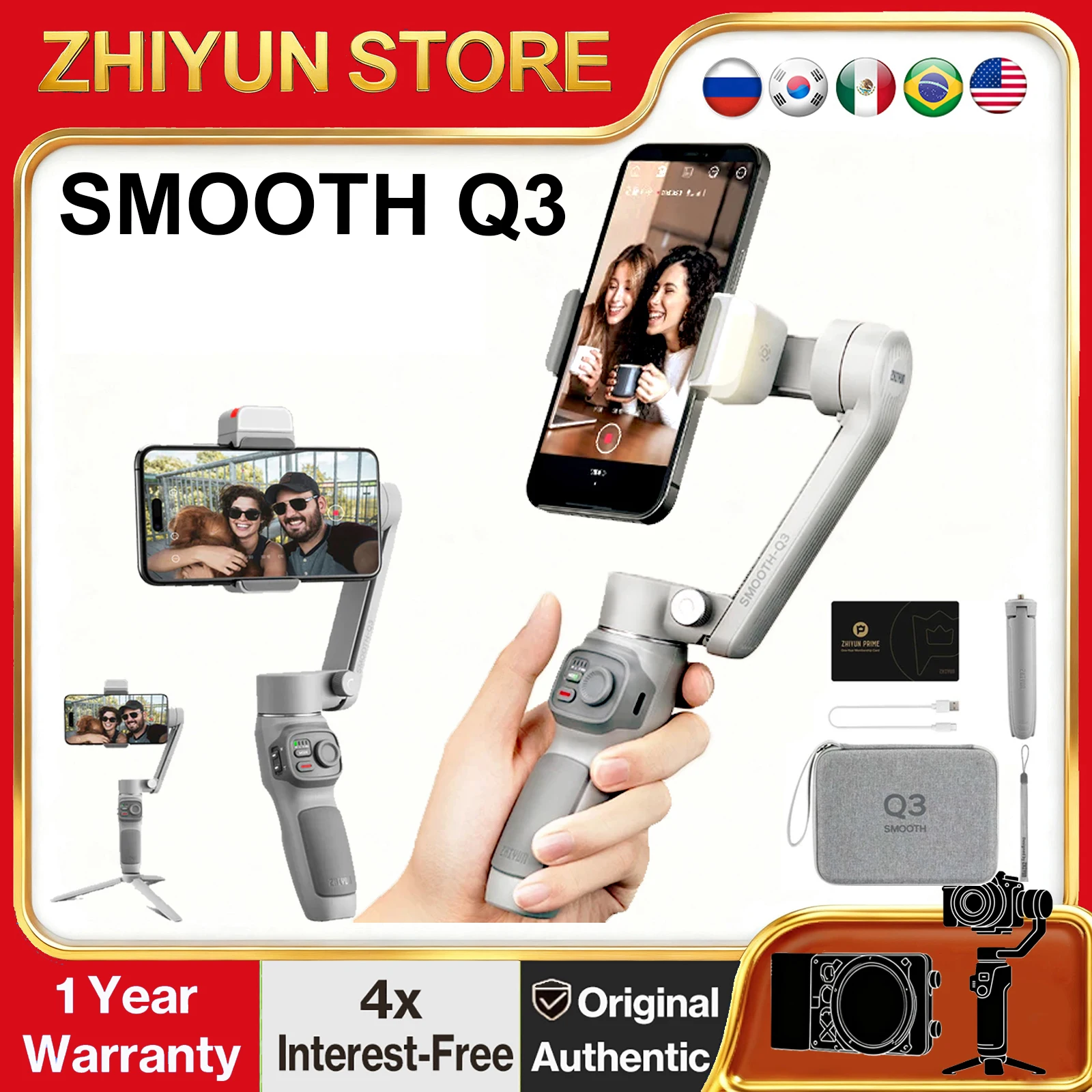 ZHIYUN Smooth Q3 Gimbal per smartphone portatile a 3 assi con luce di riempimento/controllo gestito per iPhone Android a Youtube Tiktok Vlogging