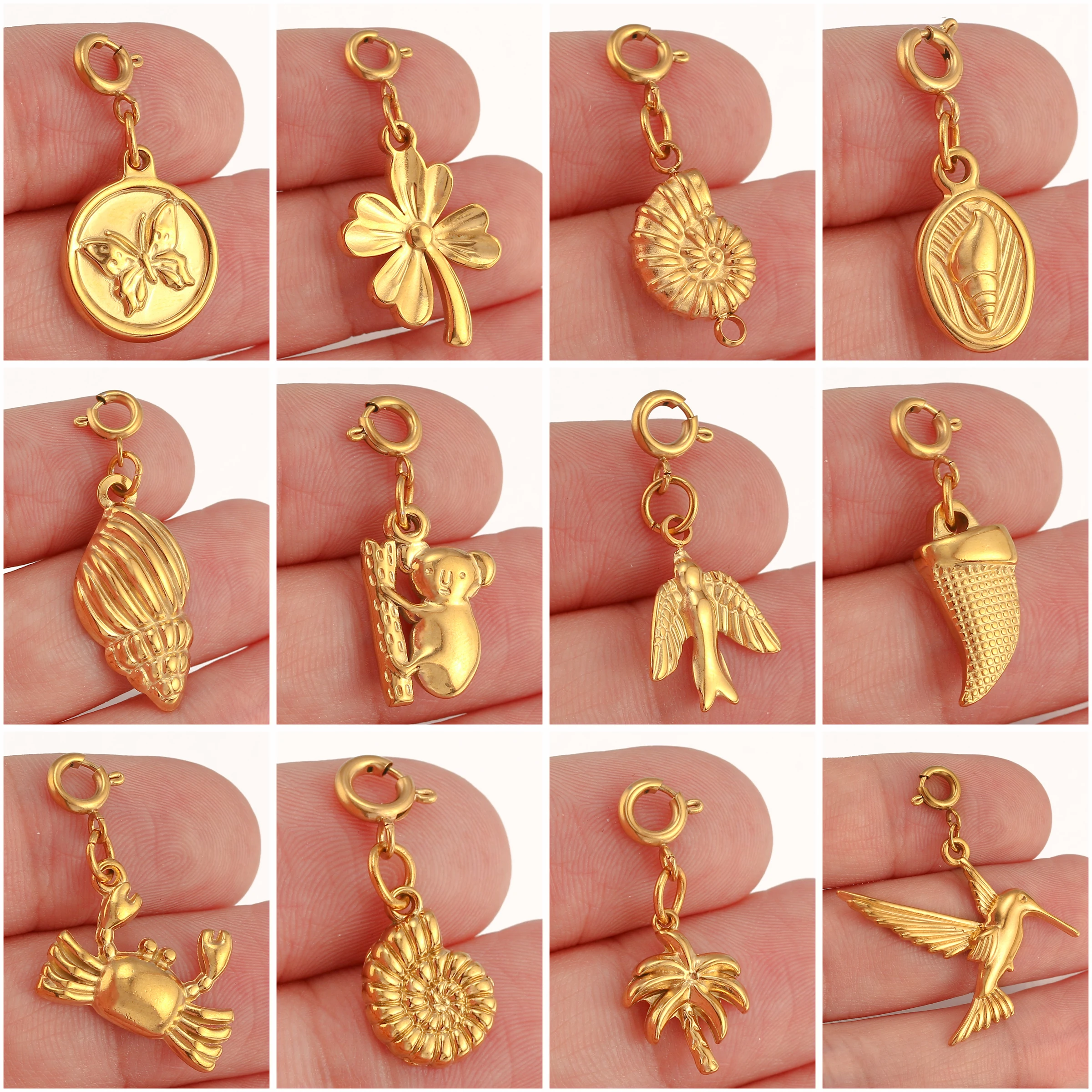 Cute Crab/Conch/Seagull/Clover Charm With Spring Clasp Buckle Stainless Steel Marine Choker Pendants for Jewelry Making Supplies