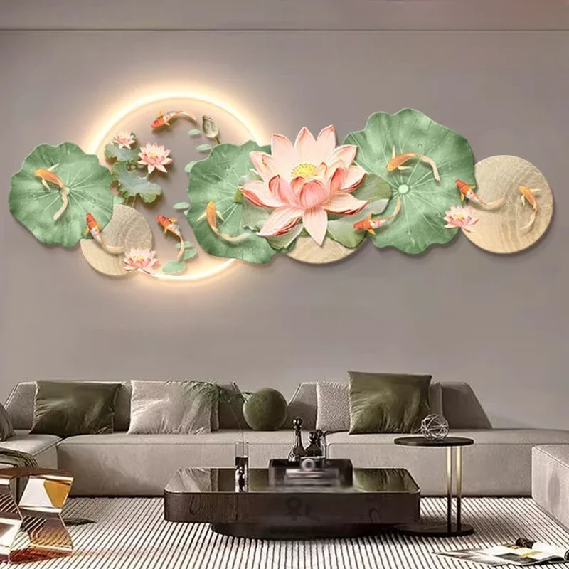 Nine Fish Gathering Wealth Picture - Living Room Decoration Painting Advanced background wall mural Sofa Lotus Hanging Painting