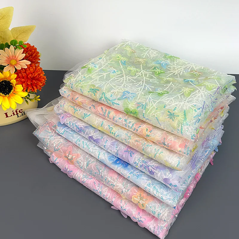 

Gradient Sequin 3D Butterfly Mesh Embroidery Lace Fabric DIY Stage Costume Party Wedding Dress Background Decoration Cloth