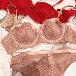 French Pink Bralette Underwear Set Sexy Lace Embroidery Brassiere New Women Plus Size CD Thin Cup Push Up Bra and Panties Set