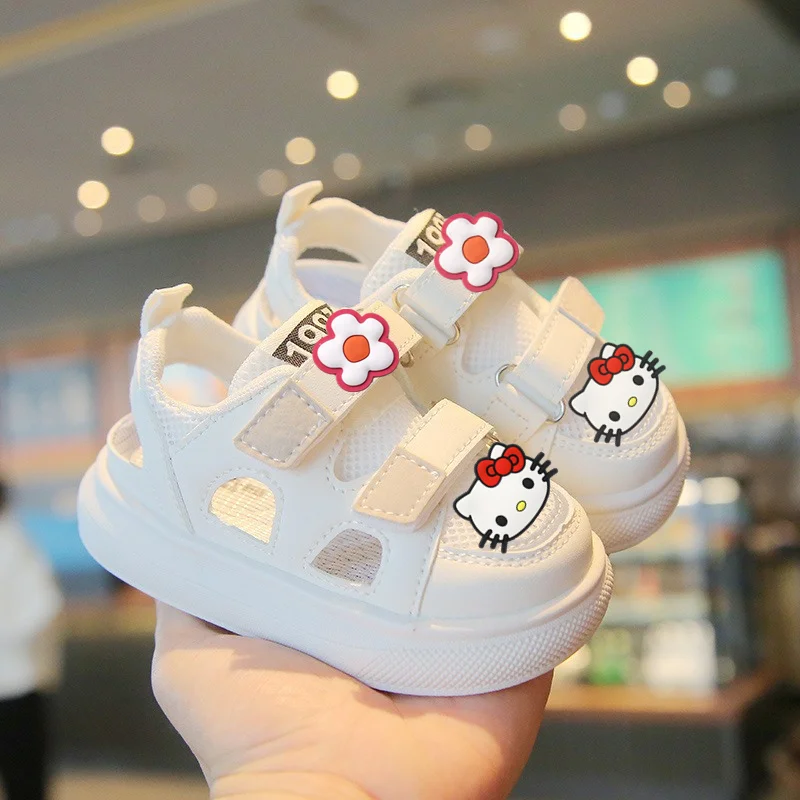Летние и весенние детские сандалии Hello Kitty Baotou, детская обувь для малышей, нескользящая пляжная обувь на мягкой подошве для девочек на липучке sanrio
