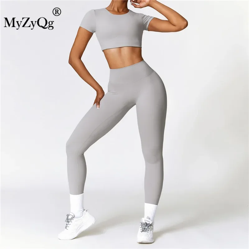 MyZyQg-Ensemble de yoga pour femmes, T-shirt serré à manches courtes, pantalon d'extérieur, sport de loisirs, course à pied Pilate, fitness, legging imbibé