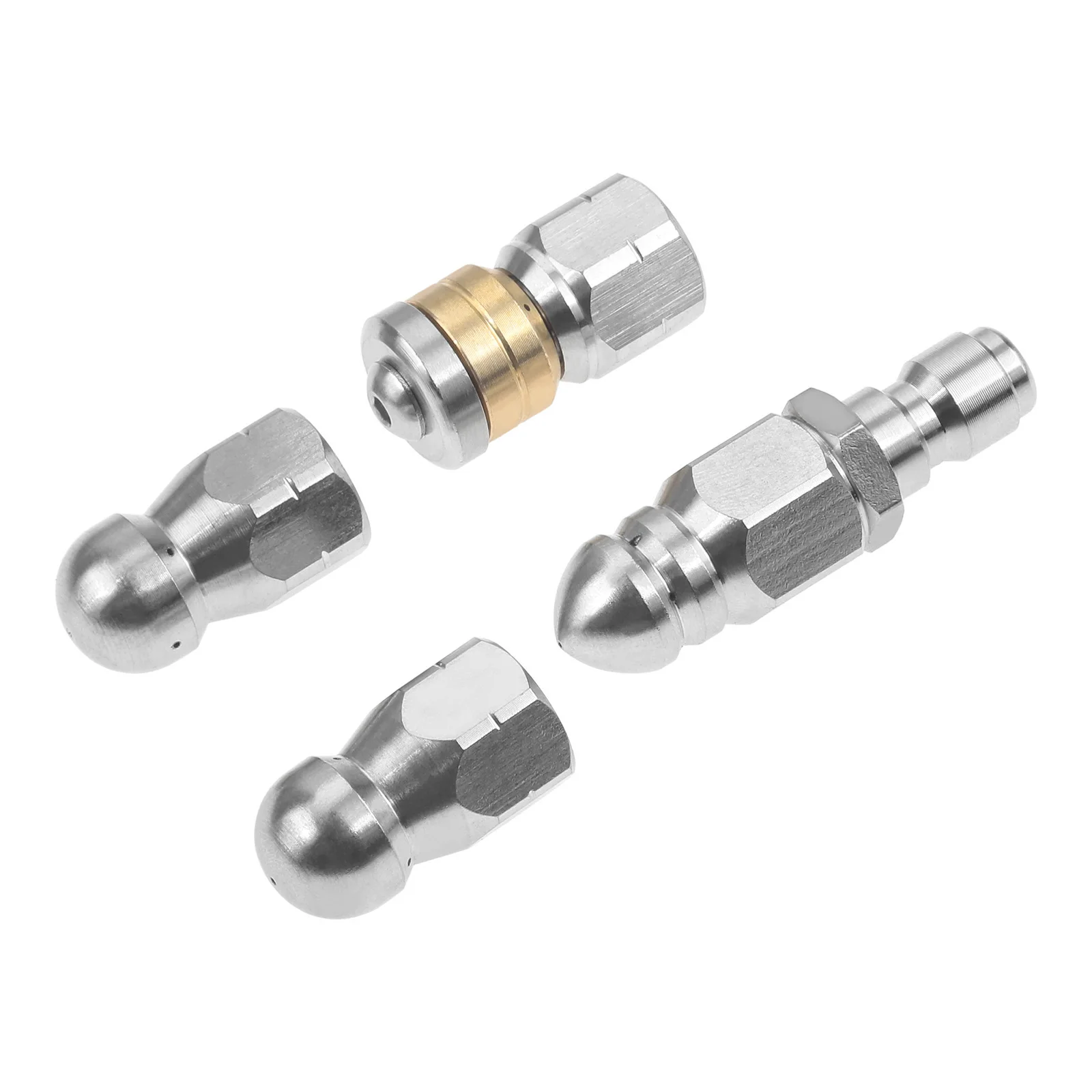 1Set Pressure Washer Stainless Steel Sewer Jetter Nozzles Pointed Button Nose Rotating Corner Jetting 1/4 Inch Quick Connector