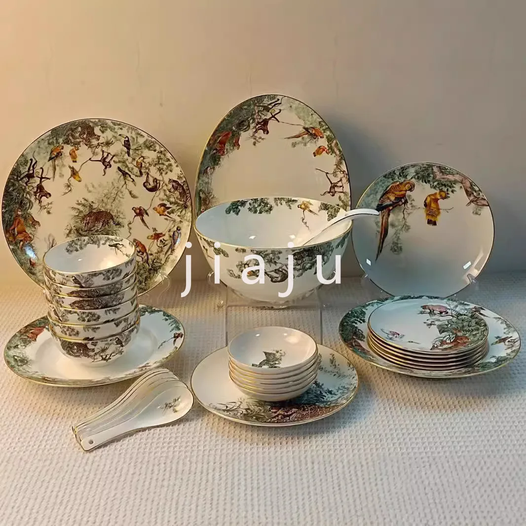 Jungle series 32-head tableware, plates, dishes set, European-style simple bone china, jade porcelain plates, bowls, gifts