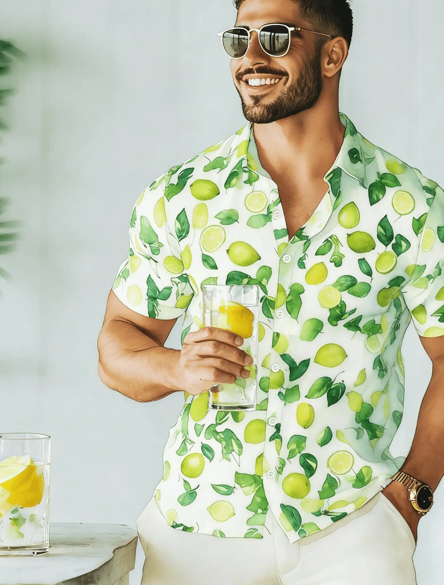 

Men's Fresh Leaf Print Short Sleeve Shirt, Casual Tropical Hawaiian Style Button Down for Spring Summer Vacation