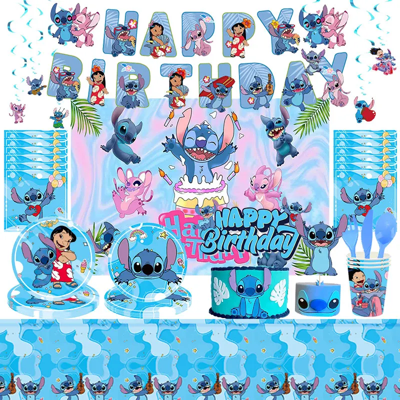Disney Lilo e Stitch Decorazioni per feste di compleanno Palloncini angolari Piatto blu Tovaglioli Tazze Sacchetti regalo in paglia per forniture per baby shower