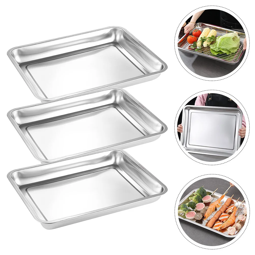 

3Pcs Stainless Steel Rectangular Oven Pan Heavy Duty Tray Multipurpose Baking Cookie Barbecue Serving Plate Oven Tray