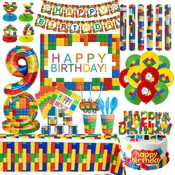 Building Blocks Party Decoration Disposable Tableware Birthday Balloon Kid Party Event Supplies Cup Plate Napkin Banner Backdrop