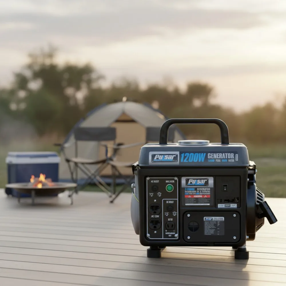 Generador de gas portátil de 1200 W con asa de transporte, negro/gris, ideal para uso en exteriores y de emergencia