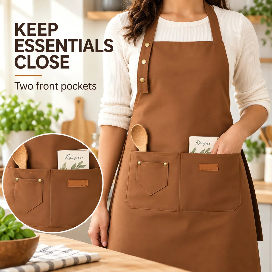 Brown Poly-Cotton Bib Apron with 2 Front Pockets and Brass Rivet Detail, 29 x 26 in Kitchen, BBQ, Barista and Floral Work Apron