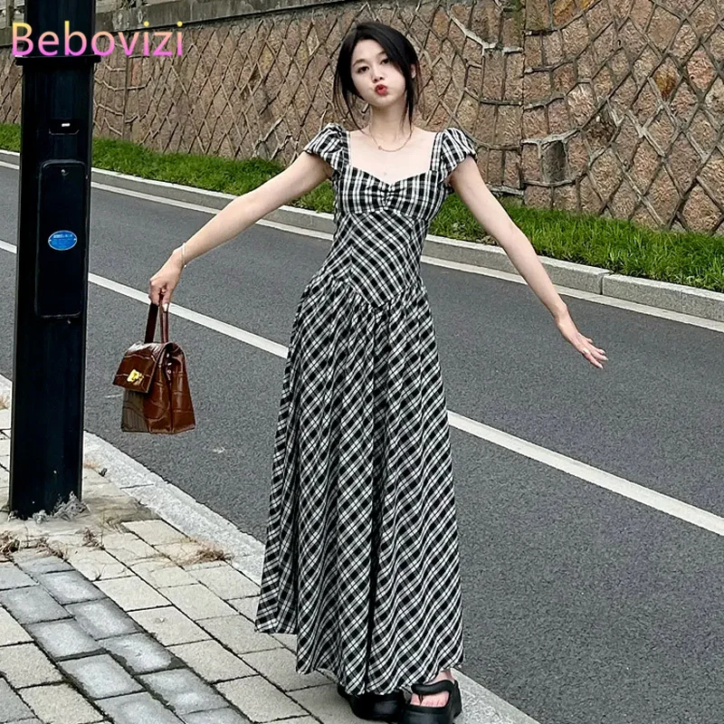 

Retro Square Collar Short Sleeve Plaid Long Dress Women's Summer 2024 New Class Elegant A-line Dresses