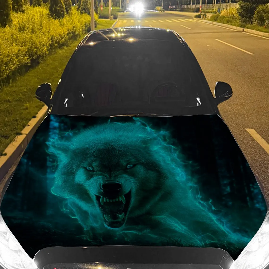 

Автомобильные наклейки Светящийся бирюзовый волк с колючими клыками на туманном синем фоне, наклейка на капот автомобиля, водонепроницаемый самоклеящийся винил