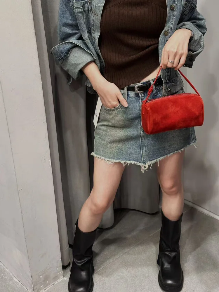 

Кожаная замшевая красная сумка-держатель для ручек через плечо для женщин Briti Sle, круглая коробка, мягкая сумка с застежкой-молнией