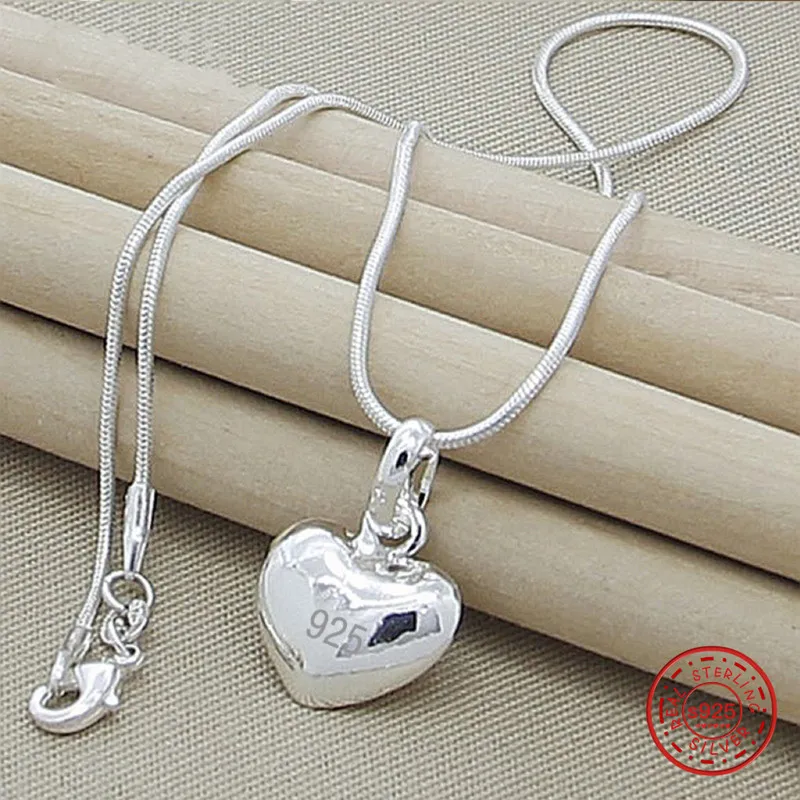 

925 Sterling Silver Solid Small Heart Pendant Necklace 16-30 Inch Snake Chain For Women Wedding Charm Fashion Jewelry