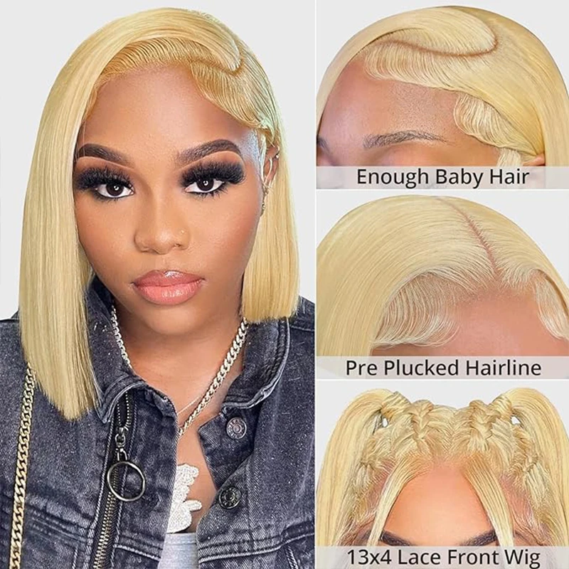 Perruque Bob Lace Front Wig naturelle, cheveux courts, blond, 13x4, HD, pre-plucked, avec baby hair, densité 180%, pour femmes