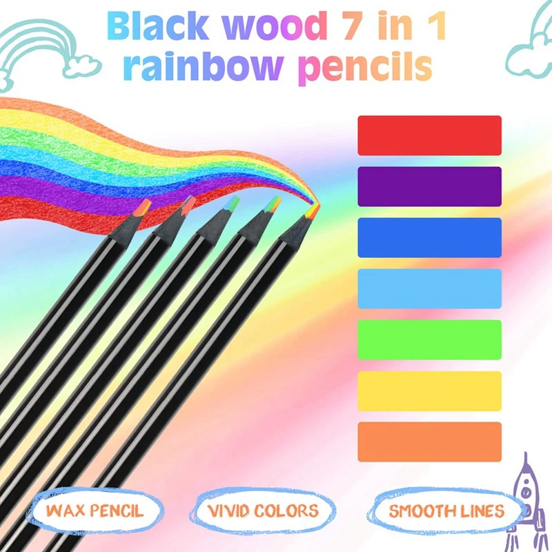 7-In-1 Wooden Rainbow Pencils, Multicolored Pencils Assorted Colors Art-Supplies for Drawing Coloring Sketching 36Pcs