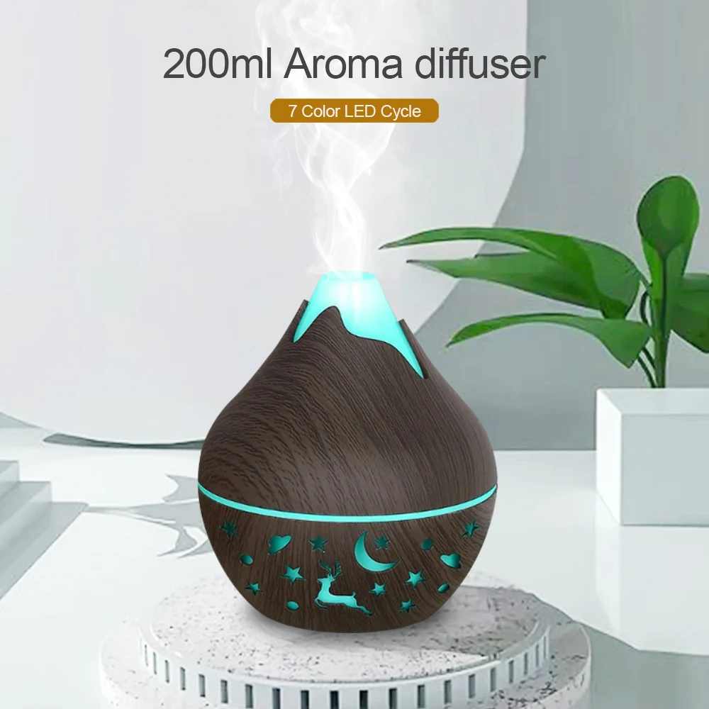 Difusor para casa inclui duas garrafas de óleos essenciais, 200ml usb umidificador de ar elétrico difusor de aroma névoa difusor de grão de madeira