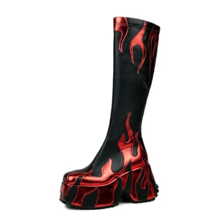 

women's side zipper high heeled Flames Printing Chunky sole boots tall boots round toe boots