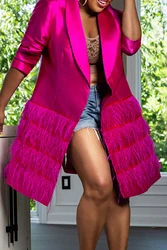 Veste décontractée à manches longues pour femmes, blazer en plumes à revers magenta, veste longue crantée, mode élégante, grande taille, automne, hiver