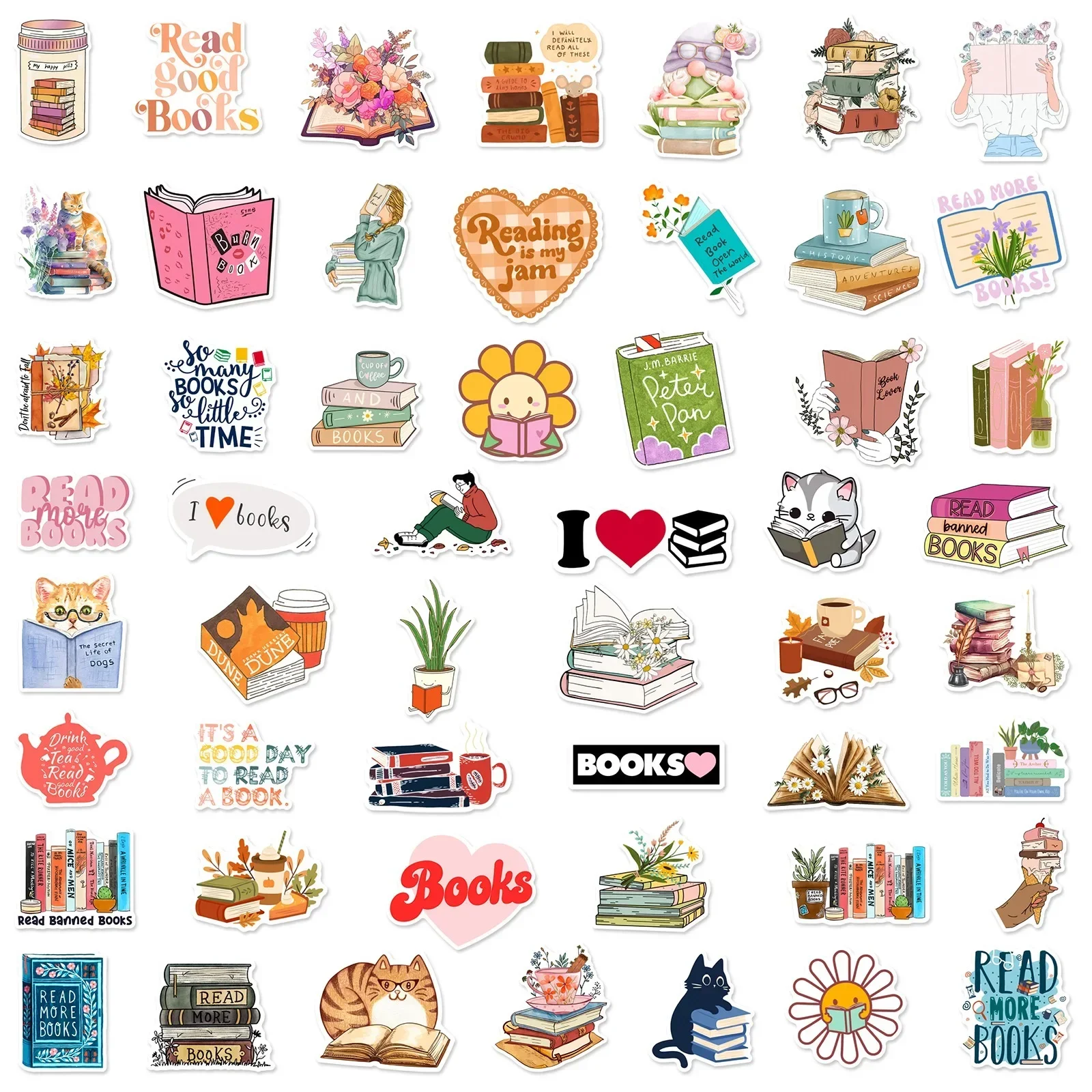 10/50/100PCS Cute Flower Book Reading Stickers Aesthetic DIY Scrapbooking Notebook Bottle Phone Luggage Decoration Sticker Toy