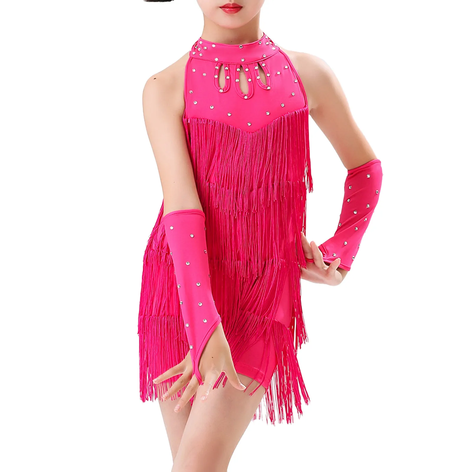 Latin Dance Dress for Girls 3-14Y Lace-up Tassel Dancing Fringe Bodysuit with Gloves Kids Professional Competition Tango Costume