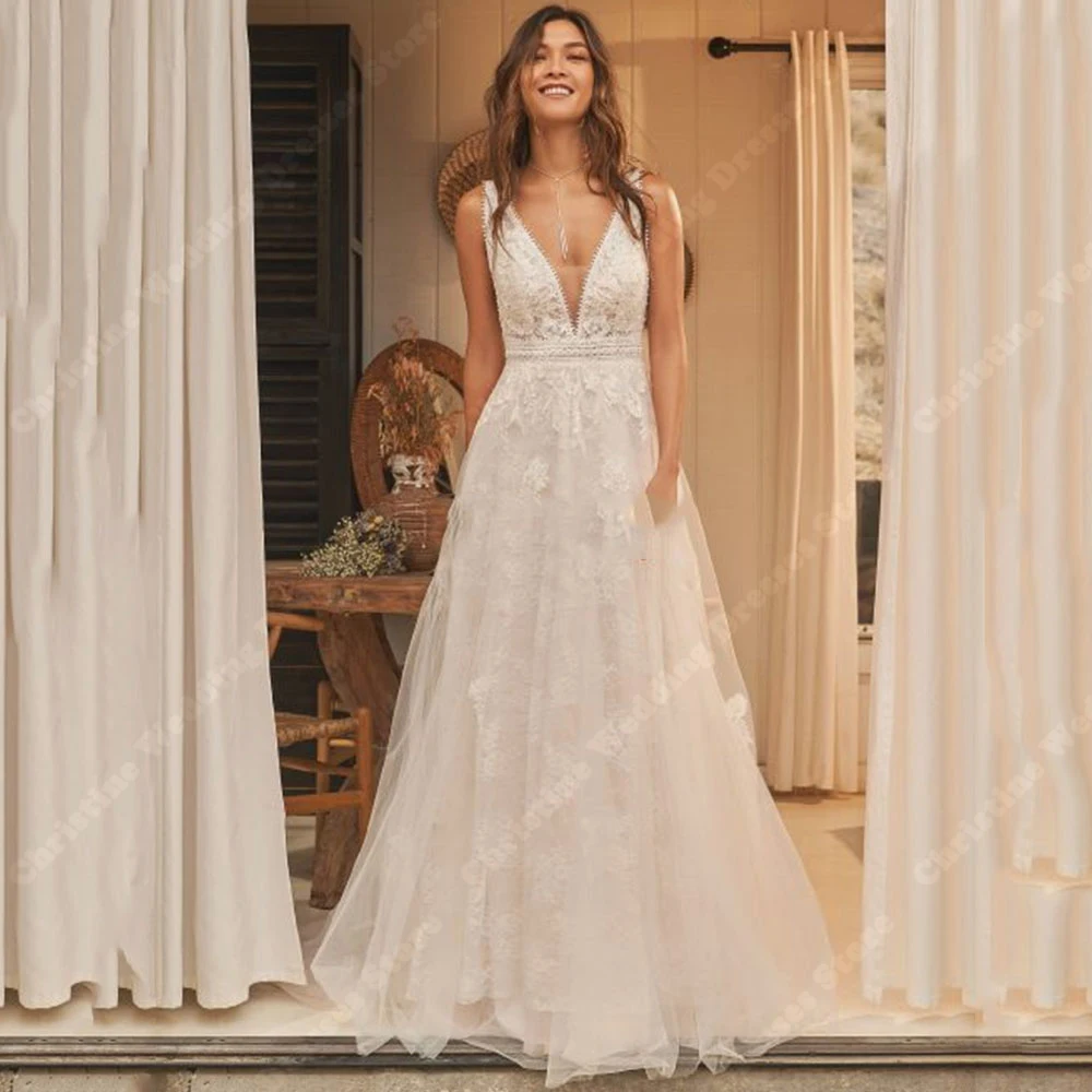 Sexy avorio Deep-V abiti da sposa da donna a-line senza maniche in pizzo Appliques abiti da sposa i più nuovi abiti da festa con palline di fidanzamento formale