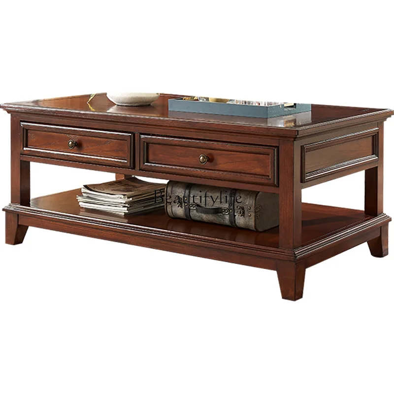 American Coffee Table Solid Wood Retro European Rectangular Tea Table Storage Organizer