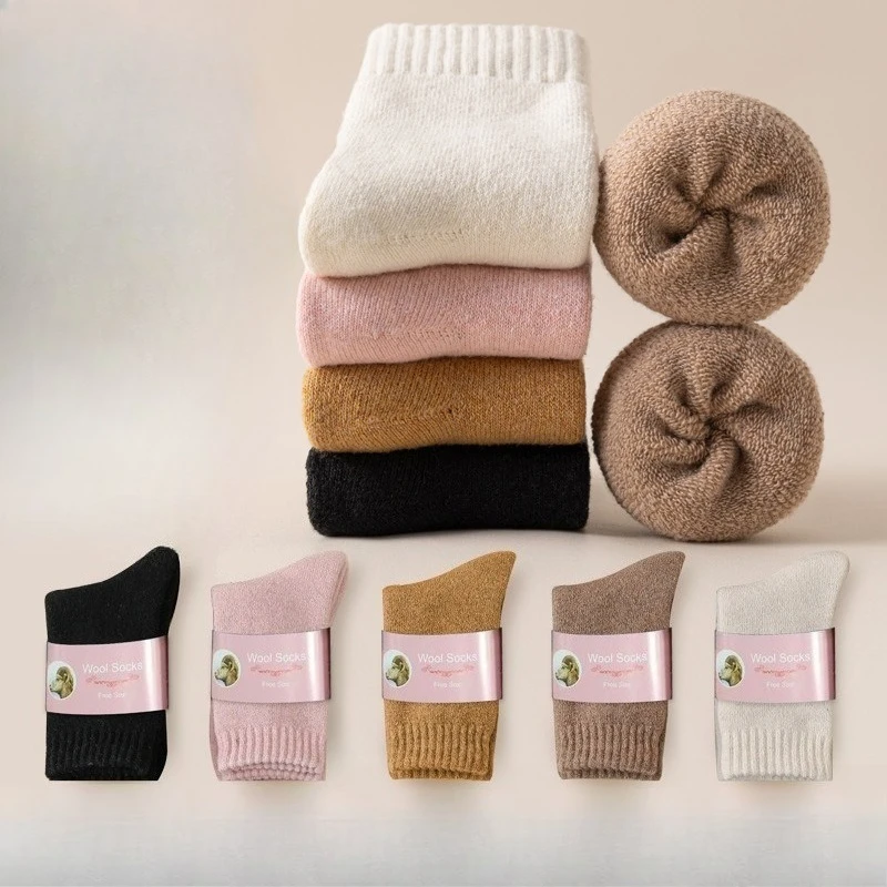 

5pcs Winter Warm Solid Women Socks Thicken Thermal Socks Black Skin Seamless Snow Sock Wool Cashmere Unisex Socks