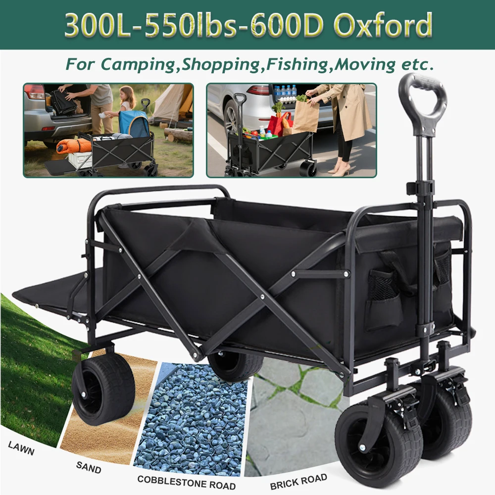 عربة شاطئ قابلة للطي وقابلة للطي شديدة التحمل، عربة شاطئ ذات سعة كبيرة، محمولة للتسوق والحديقة والتخييم والصيد في الهواء الطلق