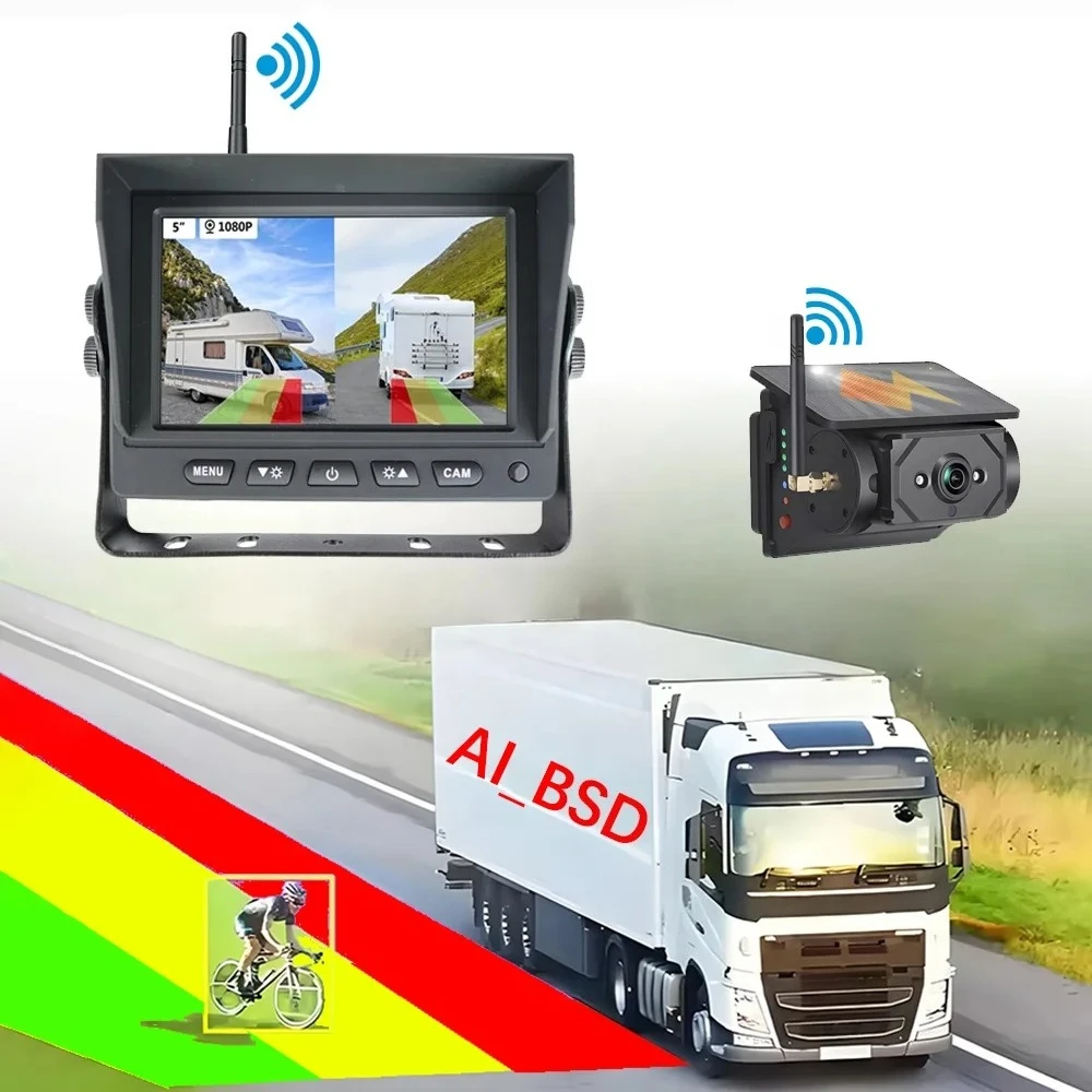 IPoster Wireless Solar Backup Camera Magnetic Base Battery Powered BSD Ai Alarm System 5 Inch IPS AHD DVR Car Monitor for Rv Van