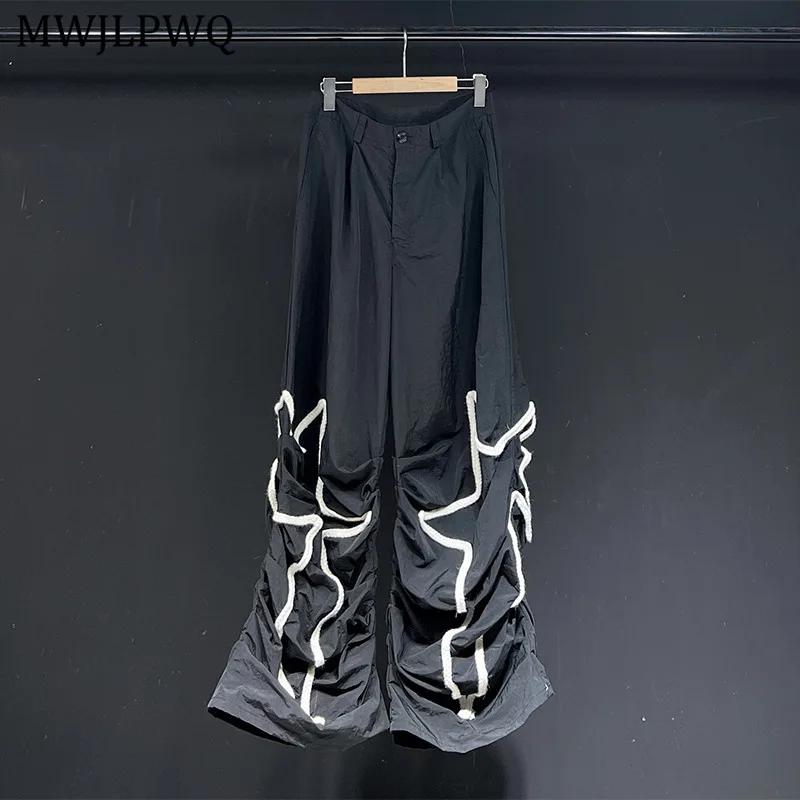 

MWJLPWQ Line Design Wrinkled Flared Pants Men High Street Trend Niched Loose Unisex Black Casual Trousers Autumn 2025 New 11142