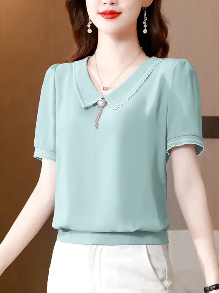 

Satin Blouse Women Turn-down Collar Short Chiffon Women Shirts Blouses Solid Splicing Women Tops 2024 Summer Fashion Laides Tops